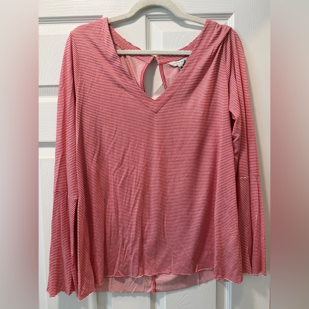 Lucky Brand Red & White Striped V-Neck Long Sleeve Top